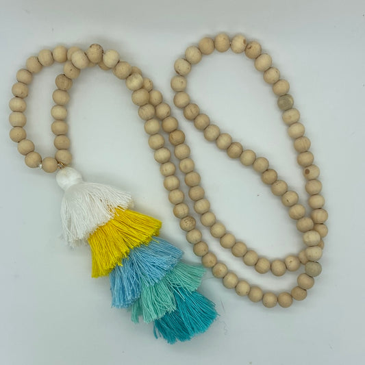 Long Wooden Mala Necklace with Tassle