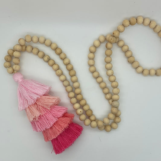 Long Wooden Mala Necklace with Tassle